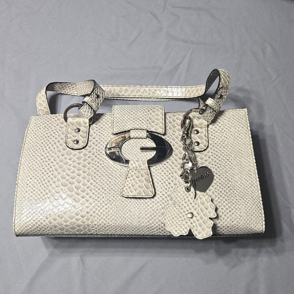 Vintage GUESS Cream Snakeskin Python Embossed Shoulder Bag w/ Detachable Charm